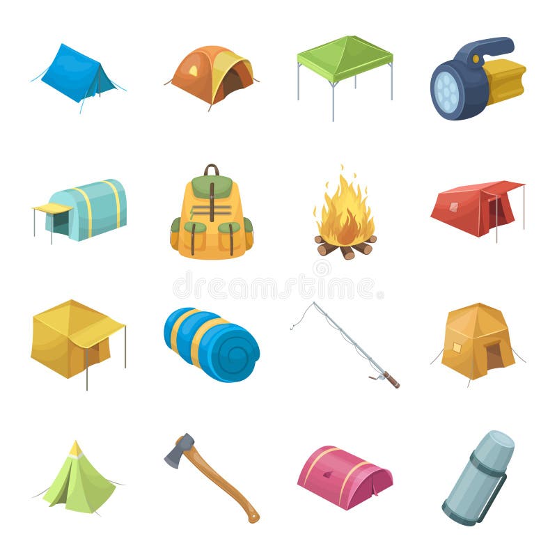 Various kinds of tents and other tourist accessories. The tent set collection icons in cartoon style vector symbol stock. Illustration stock illustration