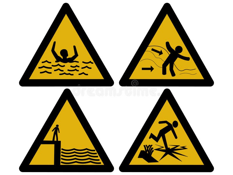 Water hazard signs. Strong currents, large waves, deep water and thin ice royalty free illustration