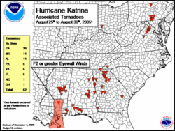 A map of the Eastern United States marking the location of tornadoes produced by Hurricane Katrina
