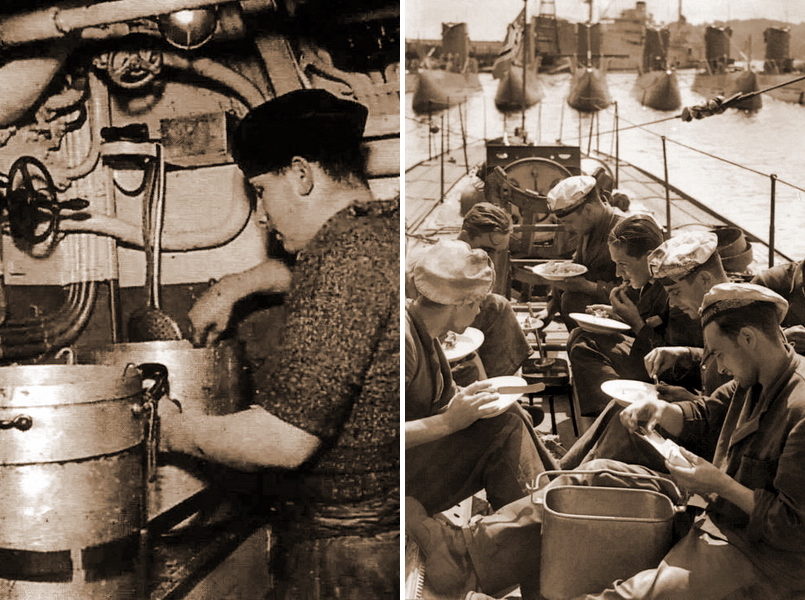 ​Кок «колдует» над приготовлением пищи в тесном камбузе немецкой подлодки (слева). Приём пищи на верхней палубе немецкой подводной лодки. Снимок сделан в довоенное время (справа) - Что ели «серые волки» Дёница 