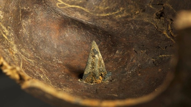 ​Бронзовый наконечник стрелы, пробивший кость черепа и вонзившийся на 2 см в глубину. Толлензе, Германия - Первобытная война. Вооружение 