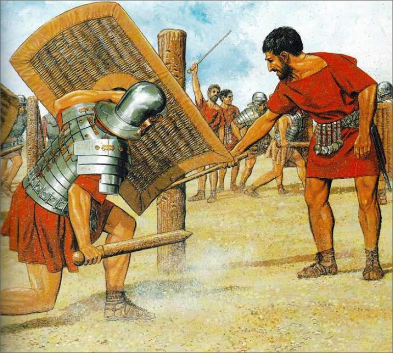 ​Рисунок Питера Коннолли с реконструкцией процесса обучения римских солдат фехтованию - Римское фехтование 