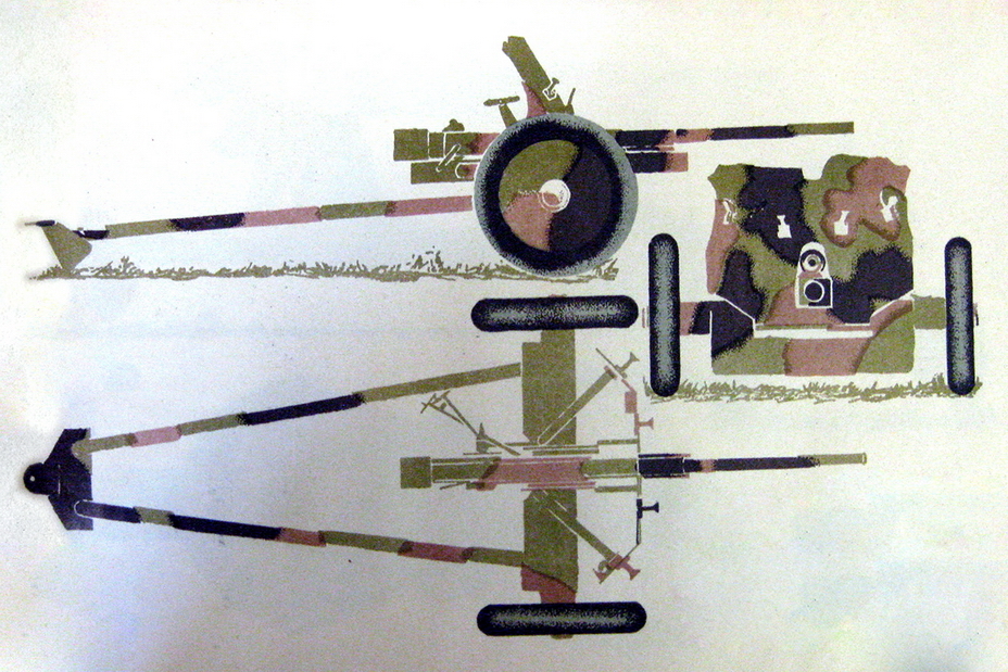 ​Схема окраски артиллерийских орудий калибром от 20 до 76 мм (за исключением зенитных орудий). Контуры пятен предписывалось выполнять размытыми - Спрячьте ваши пушки! 