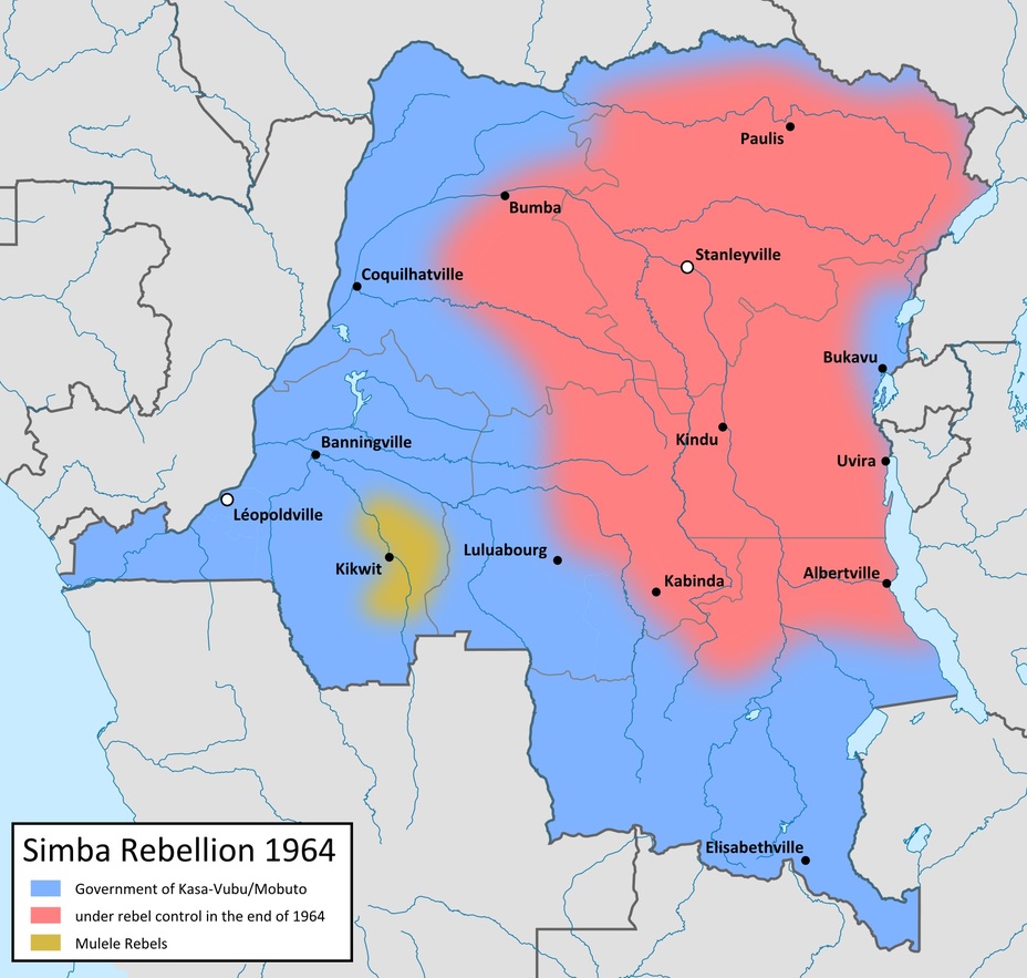 ​Ситуация в Конго в середине 1964 года. Розовый цвет — территория, контролируемая повстанцами Симба, оранжевый – Квилу wikipedia.org - «Бешеный Майк»: отставной майор, ставший легендой 