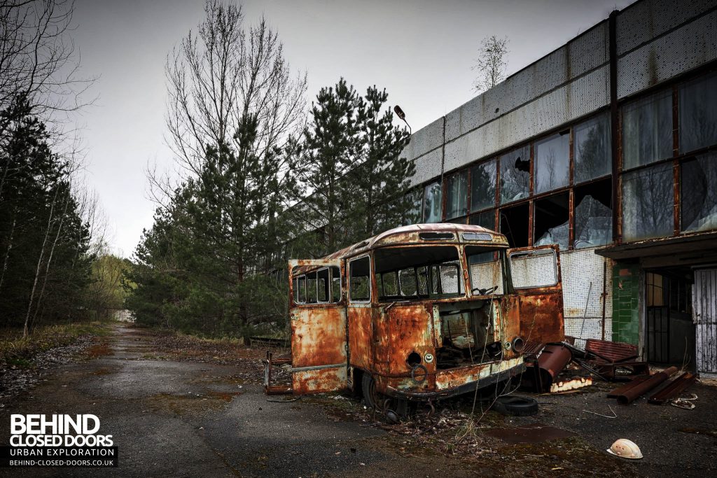 Pripyat - Abandoned bus behind the Jupiter factory