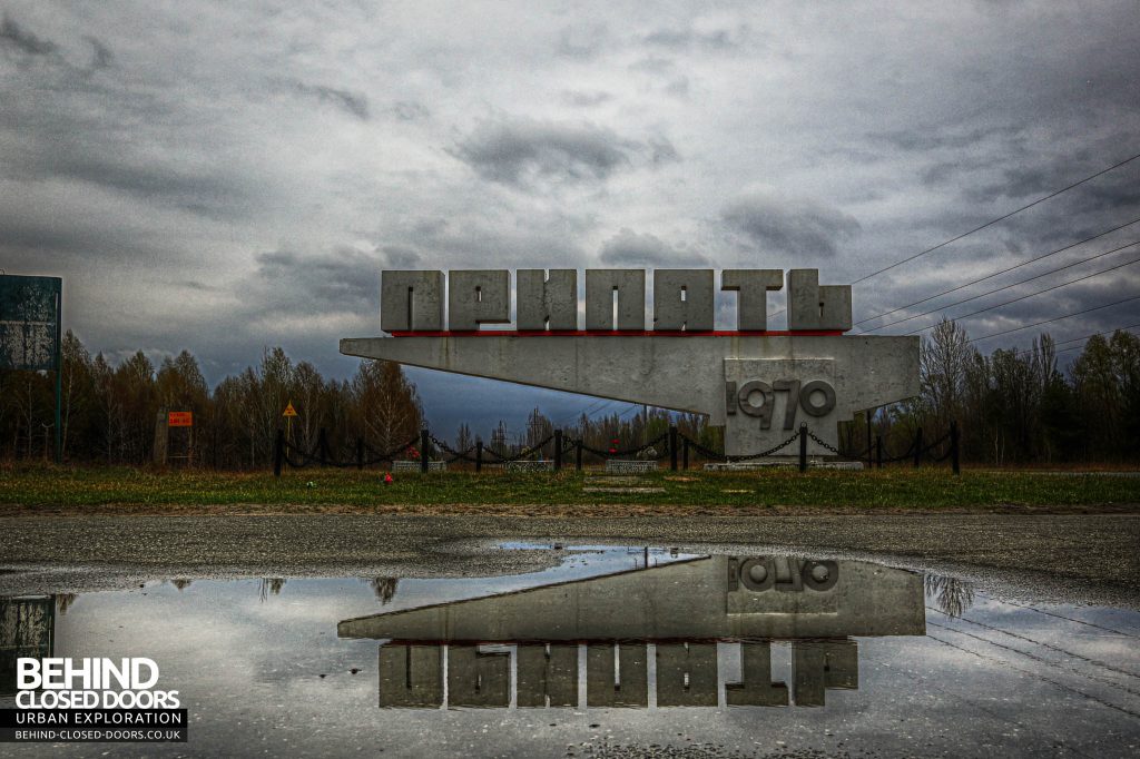 Pripyat - The sign stands by the main road into the ghost town