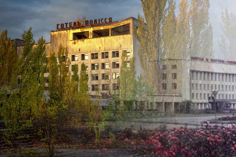Then and now views of the Polissya Hotel merged into one