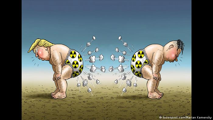 Карикатура Мариана Каменски на Дональда Трампа и Ким Чен Ына 
