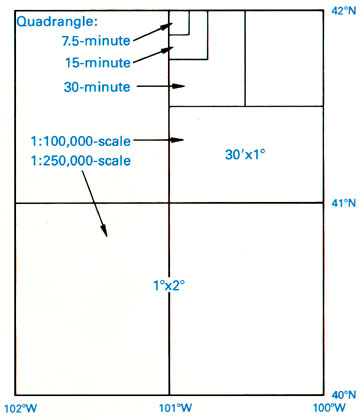 Diagram showing relative extents of several USGS quadrangle map series