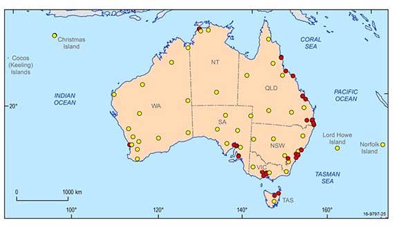 A map of Australia, showing the locations of the seismometers