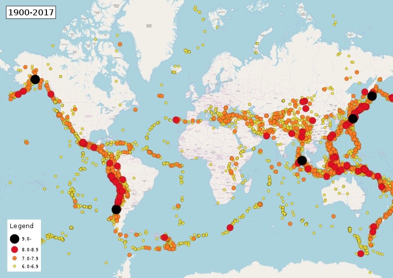 Карта землетрясений с 1900 по 2017 годы
