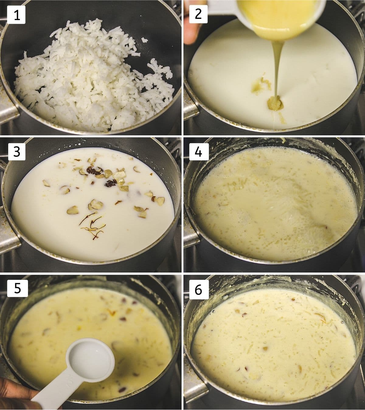 Collage of 6 images showing adding rice, milk, nuts, saffron in a pan, cooking, adding rose water and ready kheer