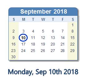 September 10, 2018 calendar